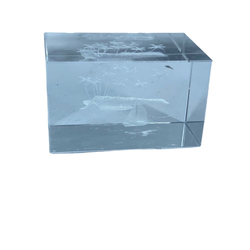 Glass Crystal Block Laser Tropical Scene Island Sailboat Paperweight 3"x2"‎